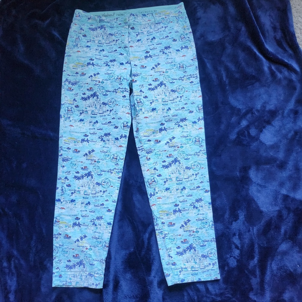 Talbots Weekend Chino Womens Ankle Pants Size 12 Light Blue with Vacation Print